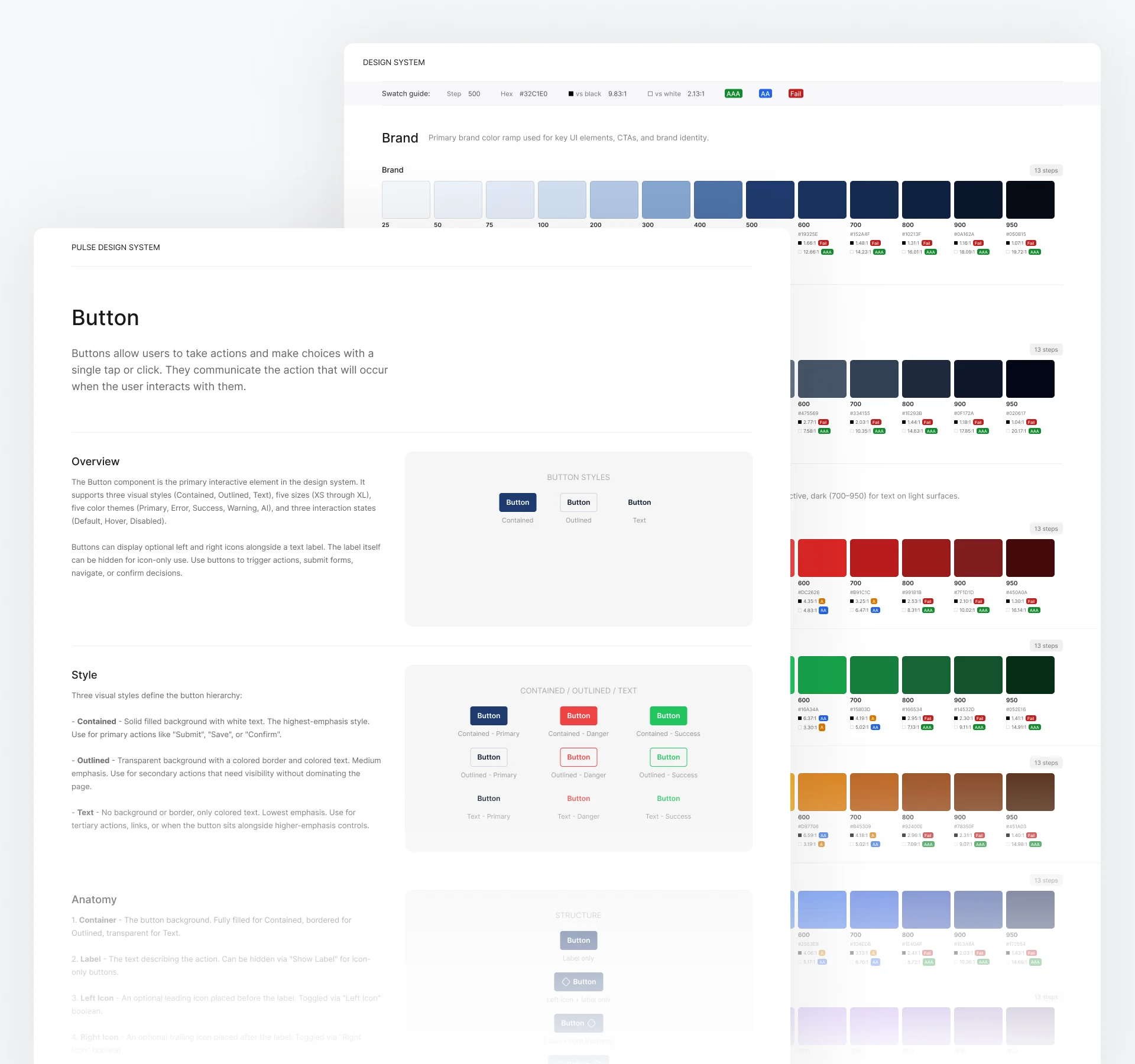 Figma documentation page for a PULSE component, showing overview, style variants, and anatomy
